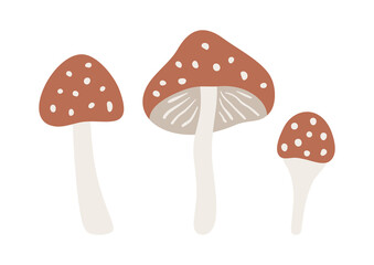 Hand drawn cartoon forest mushrooms: amanita. Cute botanicals isolated on white background. Abstract woodland mushrooms in flat style. Childish vector illustration