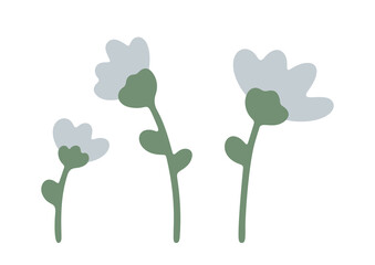 Hand drawn cartoon forest flowers. Cute forest floral elements isolated on white background. Abstract woodland flower in flat style. Childish vector illustration for holiday design