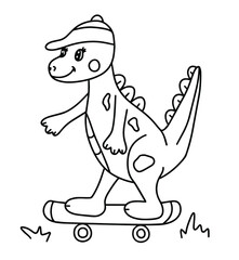 Coloring book page with dinosaur on skateboard