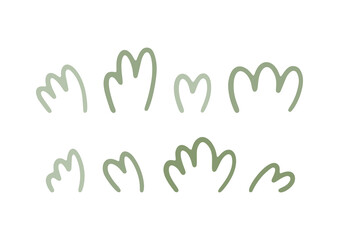 Hand drawn cartoon forest greenery. Cute floral elements isolated on white background. Abstract woodland grass and foliage in flat style. Botanical vector illustration