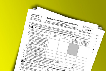 Form 1120-S (Schedule D) documentation published IRS USA 12.22.2020. American tax document on colored