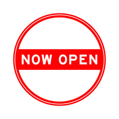 Red color round seal sticker in word now open on white background