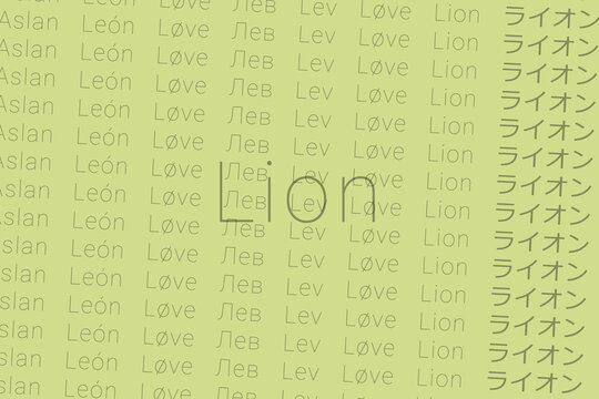 Word Lion in languages of world. Logo Lion on Very light yellow-green color