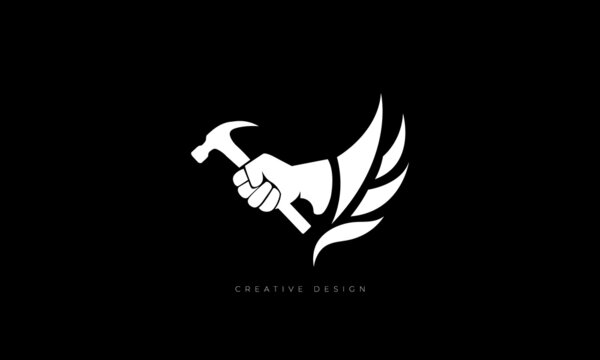 Hammer in hand with wings branding logo