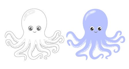 Coloring page outline of cartoon octopus. Coloring book for children. Funny vector ocean animals, fish. Simple flat illustration.