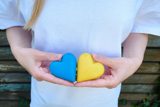 Blue and yellow heart in the hands of a girl on a light background. Independence of Ukraine. Flag. Ukraine love concept - Powered by Adobe