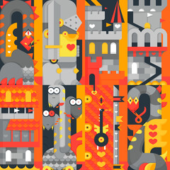 Knight tales fantasy seamless pattern. Dragons and castles