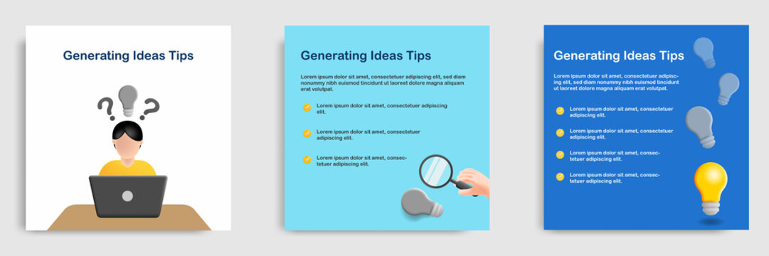 Social media tutorial, tips post banner layout template in 3D cartoon style. Generating Ideas concept