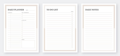 Daily planner printable template. Notebook pages. Life and business planner. Daily planner with To Do List. Daily planner template design set. Minimalist planner pages template.  - obrazy, fototapety, plakaty