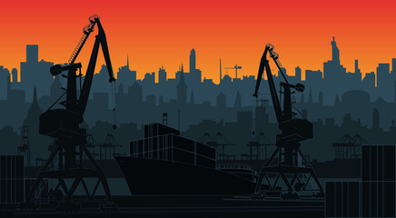 Silhouette commercial port with container ship at the pier and cargo cranes, city skyline on background with sunset sky. Cityscape and cargo port with cranes.