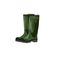 Pair of green welly rubber boots with black soles, vector illustration