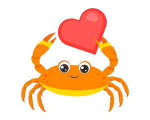 Cute crab with heart isolated on white. Cartoon simple illustration of marine life. Vector funny sea animal. Flat icon.