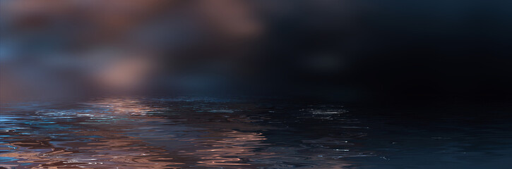 Obraz premium Dark neon abstract sunset, reflection of neon light in the water, waves. Fantastic sea night landscape. 3D illustration.