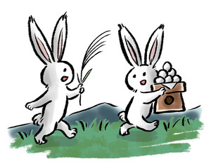 月見団子とススキを持って原っぱを走る2匹のうさぎのイラスト（キャラのみ）