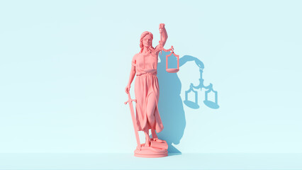 Pink Lady Justice Statue Personification of the Judicial System Traditional Protection and Balance Moral Force for Good and Lawfare Pastel Blue Background 3d illustration render - 509388263