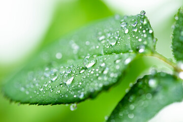 Beautiful water drops after rain on green roses leaf in sunlight, macro, selective focus. Photo of purity and fresh of nature.