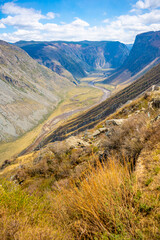 Mountain pass Katu-Yaryk with view on valley of the mountain river Chulyshman, Altai, Russia