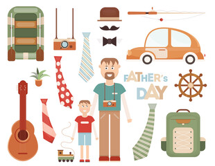 Father’s Day Objects and Characters Set. Cartoon clipart isolated on white background. Vector illustration