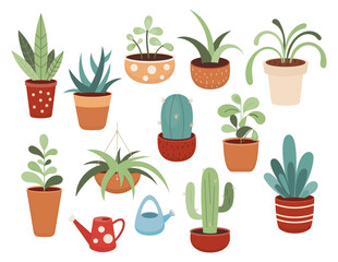 Potted Plants Isolated Vector Illustration. Houseplants in clay pots on white background. Plant home decor clipart