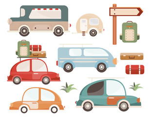 Road Trip Cartoon Set. Travel car and vehicles isolated on white background. Vector illustration.
