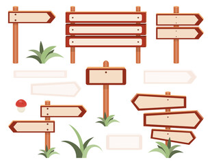 Wooden Signpost Cartoon set. Blank Wooden Signboards isolated on white background. Vector illustration.