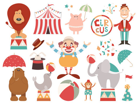 Cartoon Circus Set. Circus Artists, Elements and Animals isolated on white background. Fun Fair Tent. Vector Illustration