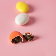 Sweet Colorfull Candy Dragee Mix of Colored Sweets Dragee Sweets Confectionery Pink Background Square