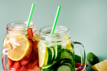 Detox Fruit Infused Water Refreshing Summer Homemade Cocktail Healthy Drink Green Background Horizontal