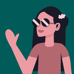 Cute fashionable girl, white woman with glasses. The girl waves hand, the girl greets, says hallo, hi. Teen with glasses, hipster, popular girl. Vector illustration in flat style. Stylish brunette. © Alexandra