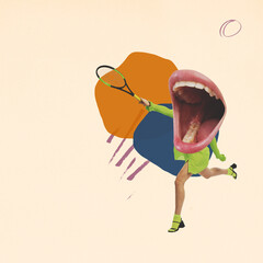 Contemporary art collage. Creative design. Young woman with giant open female mouth head playing tennis. Cheerful game