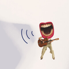 Contemporary art collage. Creative design. Young stylish woman with mouth head playing guitar,...