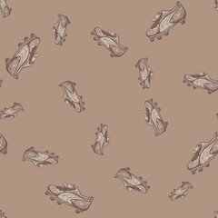 Football boots engraving seamless pattern. Vintage background sport topic in hand drawn style.