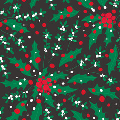 Christmas pattern of mistletoe and holly on a dark background. Beautiful Christmas pattern for decorating the kitchen. Flat vector illustration.