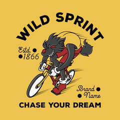 Cartoon emblem of wolf riding a road bike with retro style