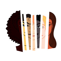 Diverse woman face of different race combining into one. Vector illustration concept for equality.
