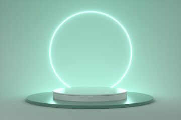 Abstract neon circle podium on green background. 3d render illustration