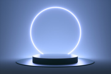 Abstract neon circle podium on a blue background. 3d render illustration