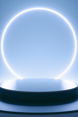Abstract neon circle podium on a blue background. 3d render illustration