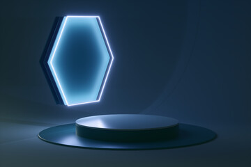 Abstract podium from neon futuristic hexagon. 3d render illustration.