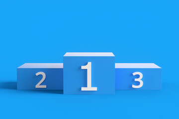 Close-up of the podium with prize numbers on a blue background. 3d render illustration.