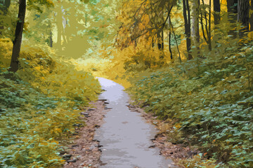 illustration of a road in an autumn forest