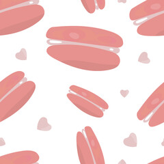 pattern with pink macaroni cakes and hearts on a white background