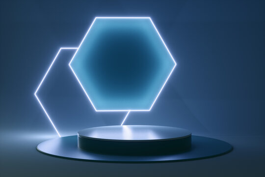 Abstract podium from neon futuristic hexagon. 3d render illustration.