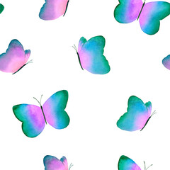Seamless pattern watercolor butterflies. Blue, green, pink watercolor butterflies