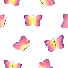 Seamless pattern watercolor butterflies. Yellow, pink, purple watercolor butterflies