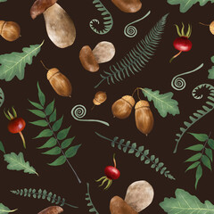 Autumn pattern with mushrooms, acorns and oak leaves. Realistic cute mushrooms on dark background, hand drawn illustration.