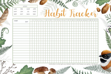Fototapeta premium Habit tracker for month template. Autumn elements themed blank with squirrel, birds, leaves, personal organizer with decorative frame. Printable organizer, diary, planner for important goals