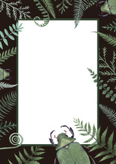 Vintage floral ?ard template with forest elements, green leaves and beetles with dark border. Autumn botanical frame. Design element for invitations, greeting cards, cosmetic and other.