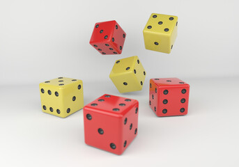 red and yellow dice being rolled on a white background