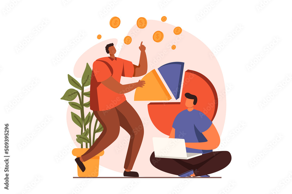 Aufkleber Analyzing budget web concept in flat design. Men discussing and analyzing financial data on diagram and developing strategy. Auditing and finance management. Illustration with people scene